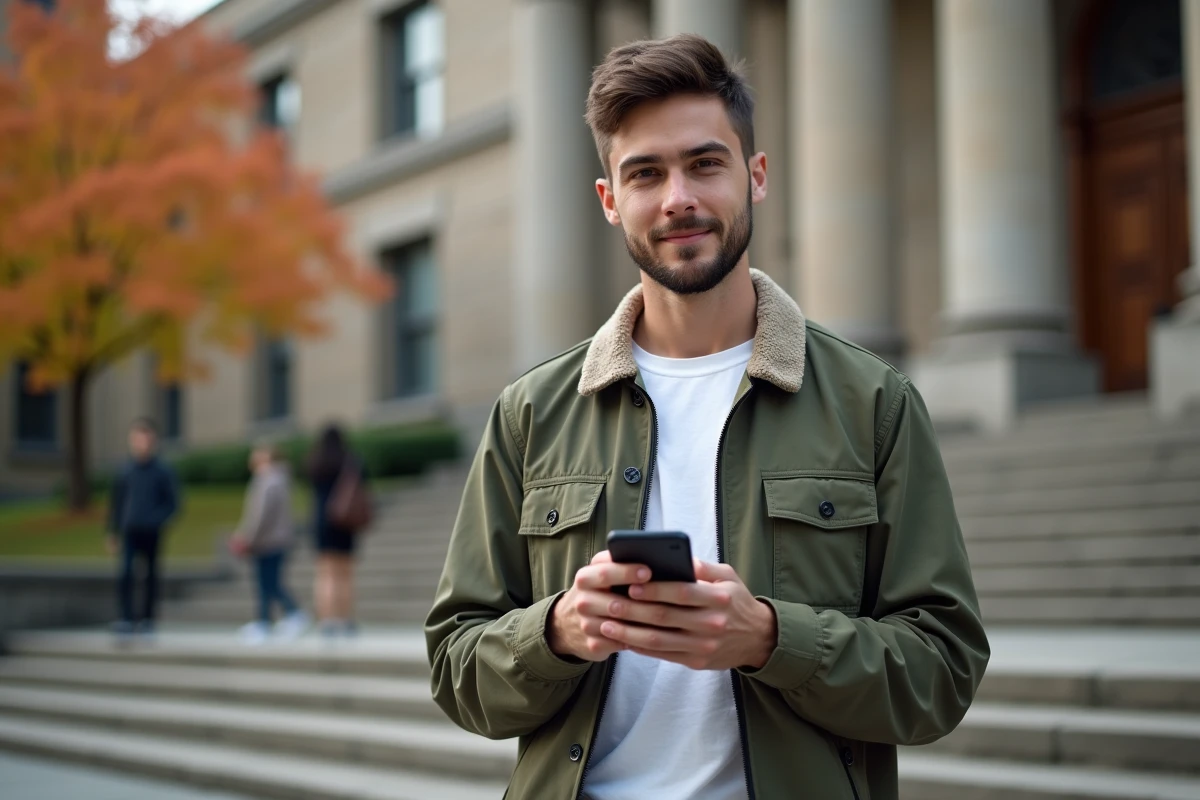 Jeune homme consultant la messagerie académique ia87 sur smartphone depuis l'extérieur d'un établissement scolaire