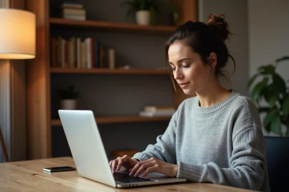 Femme accédant à la messagerie académique ia87 depuis son domicile sur un ordinateur portable