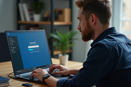 Professionnel IT activant une licence Windows 7 sur un ordinateur portable dans un bureau à domicile