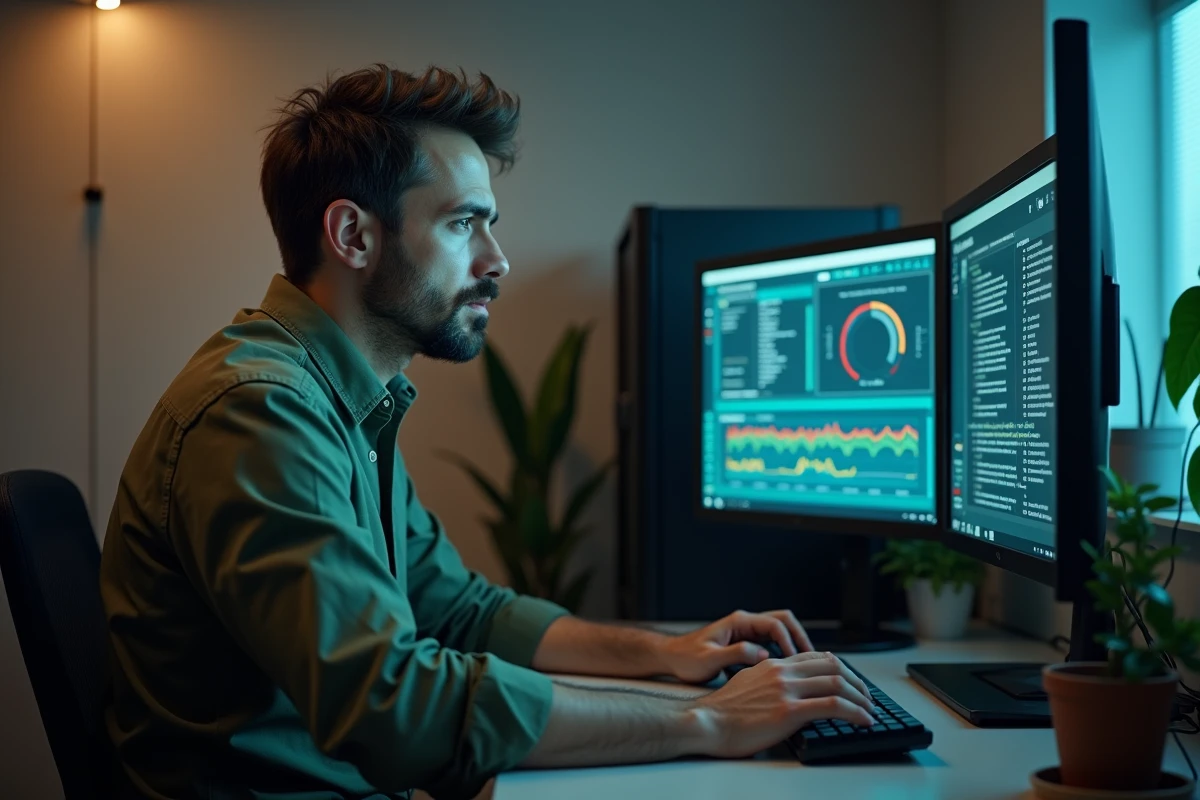Administrateur informatique analysant les erreurs de configuration d'un système SIRH sur double écran