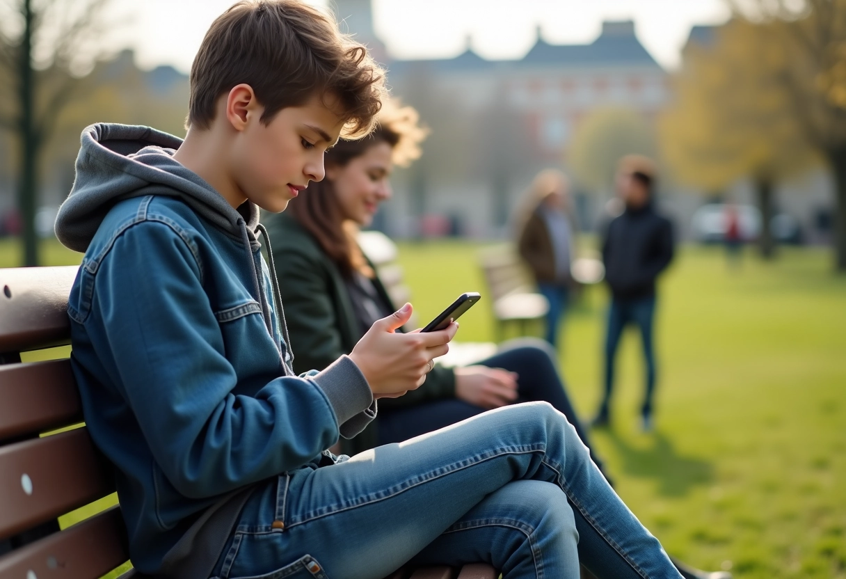 Adolescent assis sur un banc dans un parc avec son smartphone
