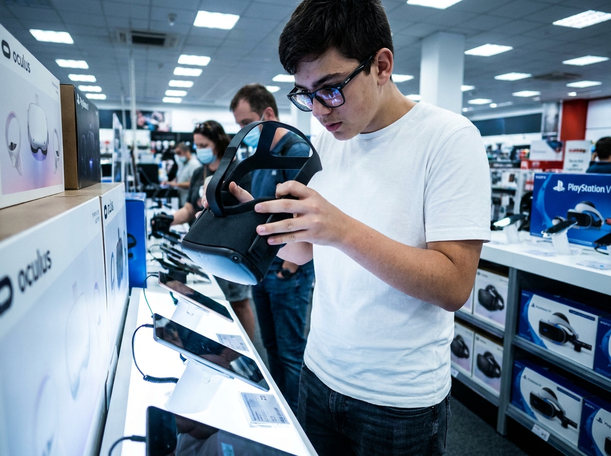 Adolescent portant des lunettes essayant un casque de réalité virtuelle en magasin de technologie