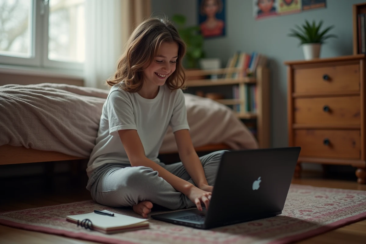 Adolescente jouant sur son ordinateur portable dans sa chambre