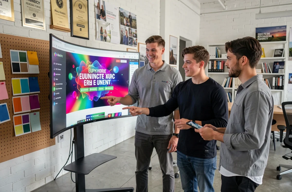 Équipe de l'agence Euphorie travaillant sur un projet de design web avec des palettes de couleurs vibrantes