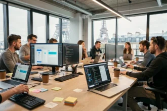 Équipe pluridisciplinaire dans un studio tech parisien collaborant autour de maquettes d'applications mobiles