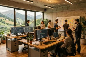 Vue panoramique d'une agence de développement web moderne dans les Pyrénées-Atlantiques avec équipe au travail