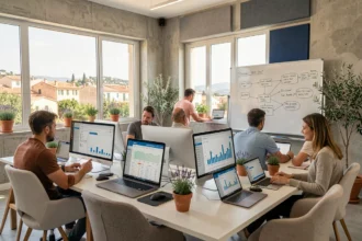 Agence web WordPress en Provence-Alpes-Côte d'Azur avec équipe digitale collaborant dans un open space moderne au style méditerranéen
