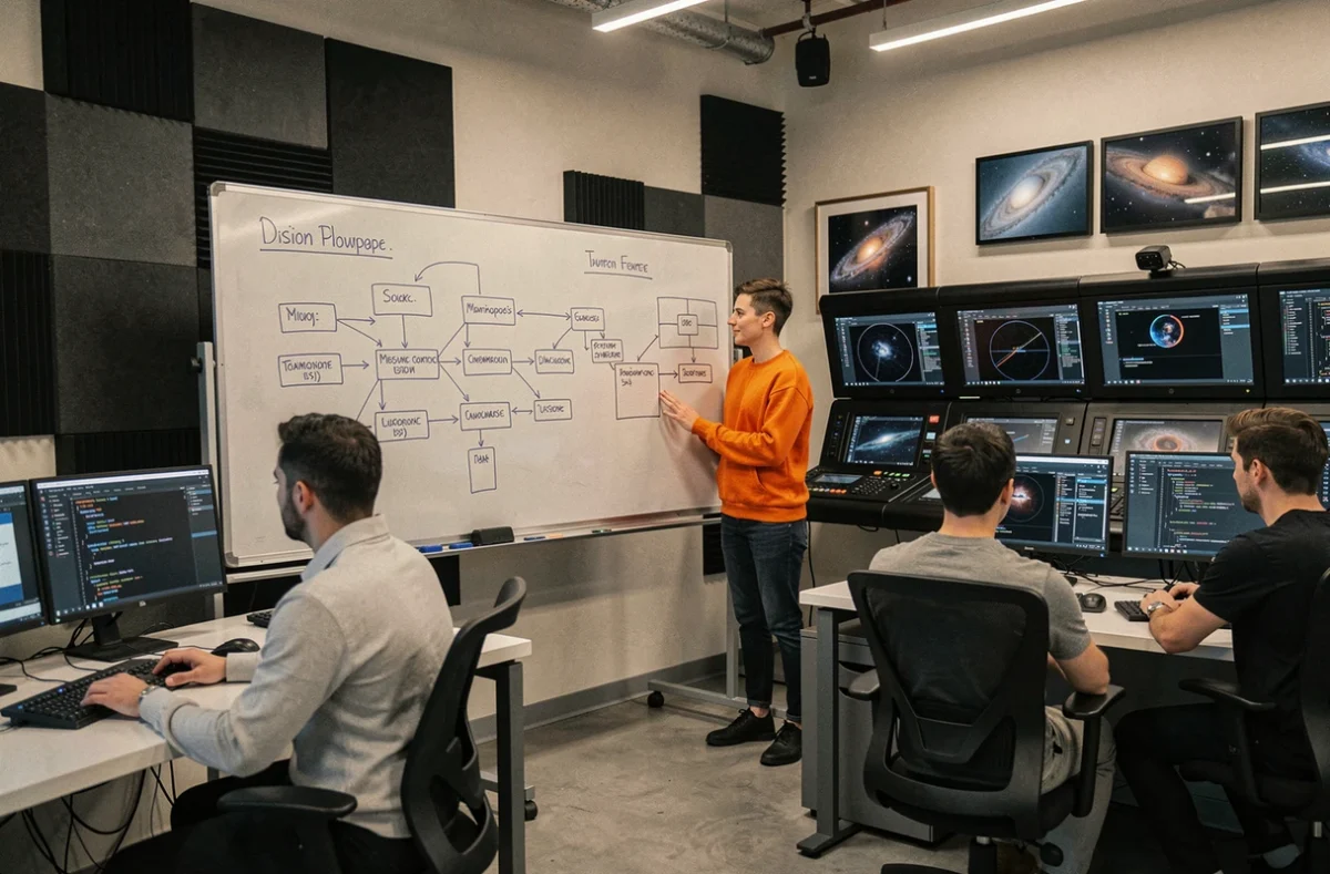 Chef de projet d'ALLOHOUSTON devant un tableau blanc rempli de schémas d'architecture d'application mobile