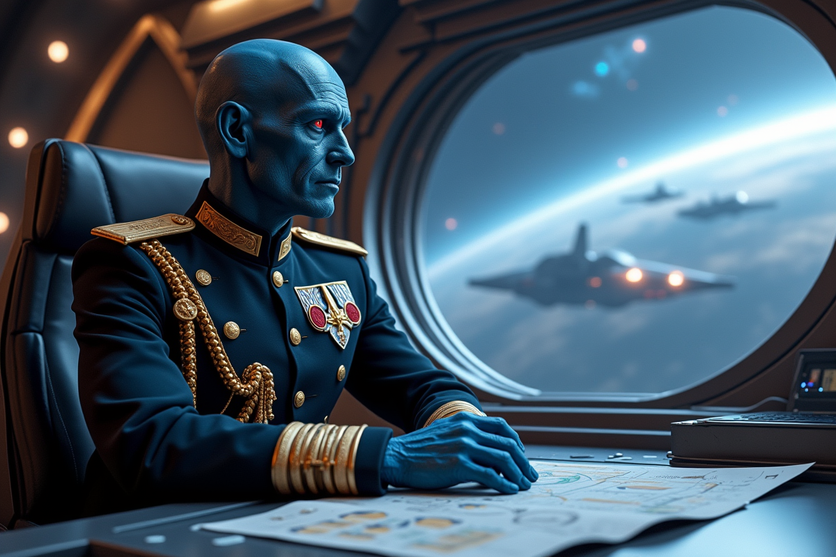 Amiral en uniforme orné regardant une nébuleuse