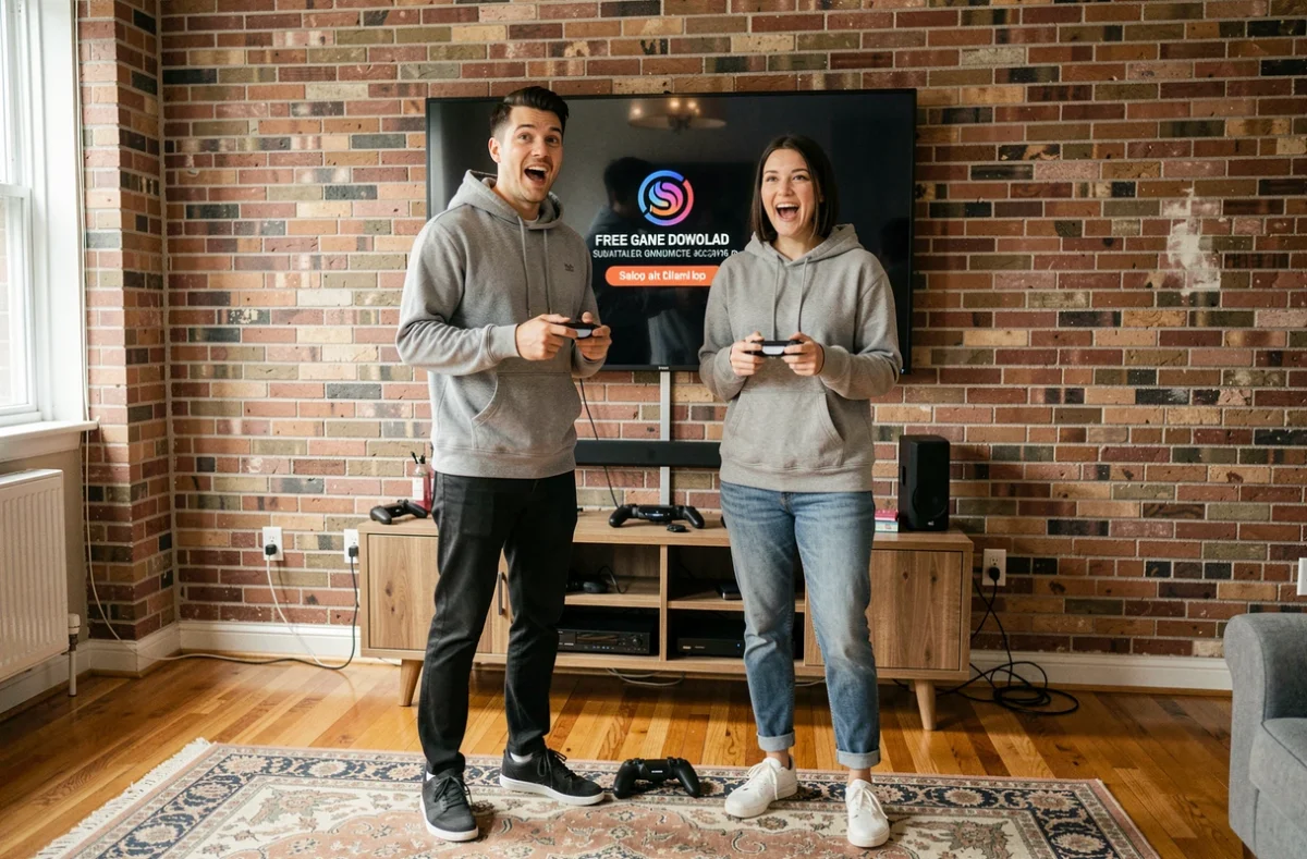 Deux amis récupérant leurs jeux gratuits du mois via leur abonnement gaming sur grand écran dans un appartement moderne