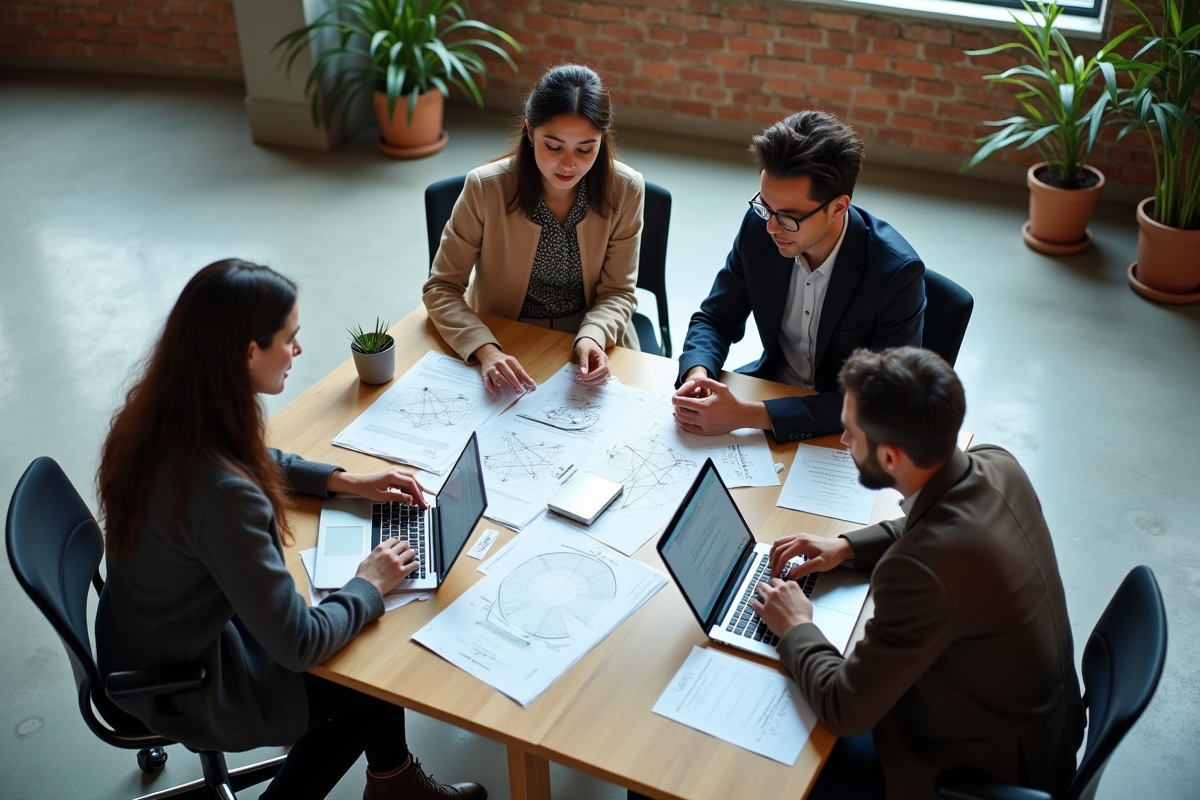 Jeune femme en groupe analyse des diagrammes reseau en equipe