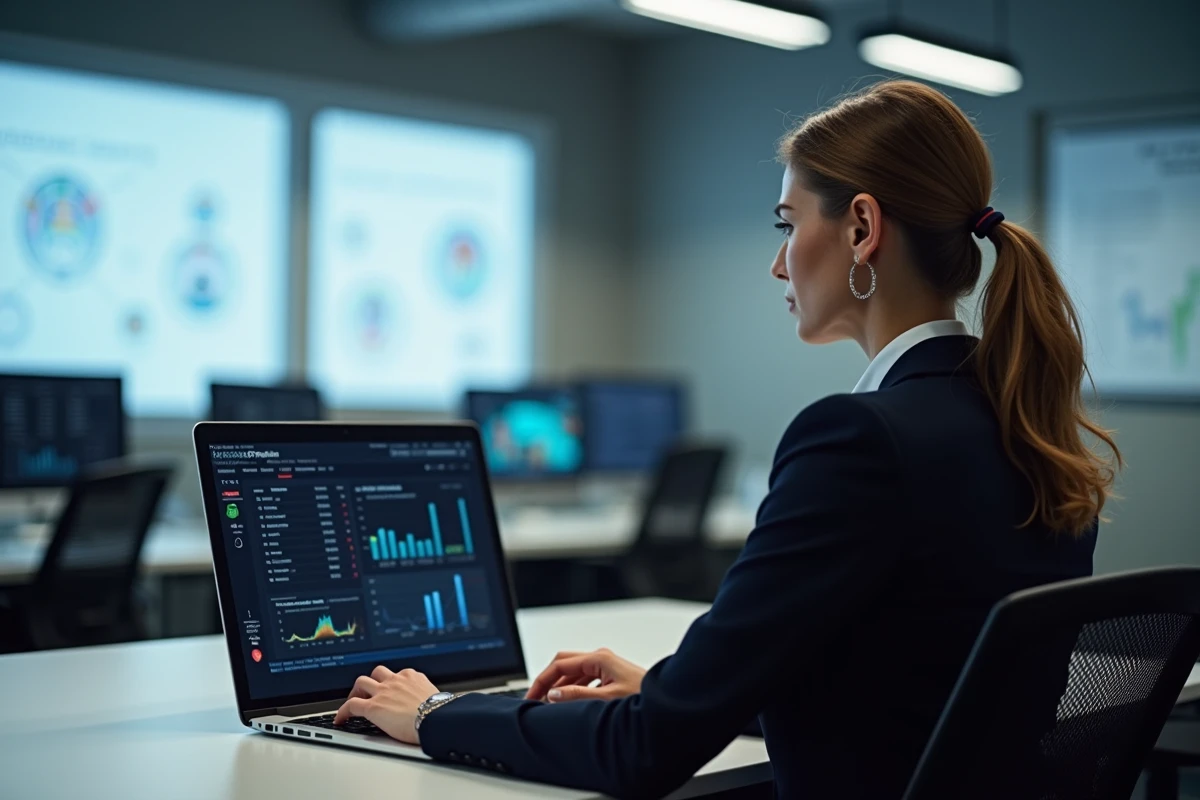 Femme analysant des statistiques e-sport dans un bureau moderne