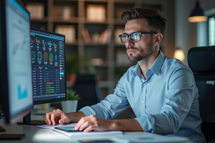 Homme concentré analysant des données logiciel en bureau professionnel