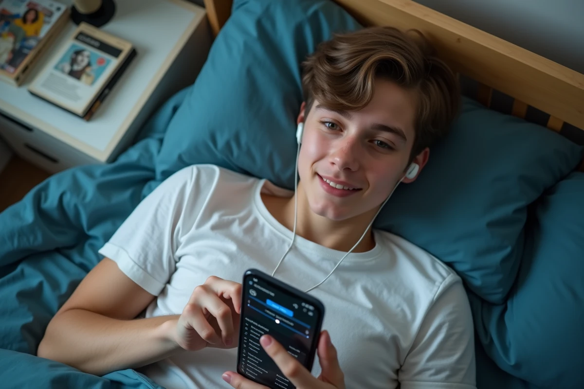Adolescent allongé sur son lit consultant une application mobile pour convertir et télécharger de la musique YouTube en MP3 en toute légalité