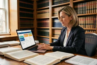 Avocate consultant une interface IA juridique sur son ordinateur dans un cabinet d'avocat avec des ouvrages de droit pénal, civil et administratif