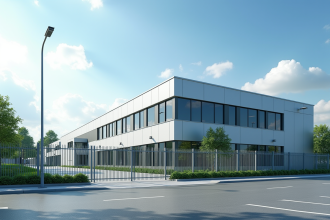 Bâtiment commercial moderne avec clôture et caméras de sécurité