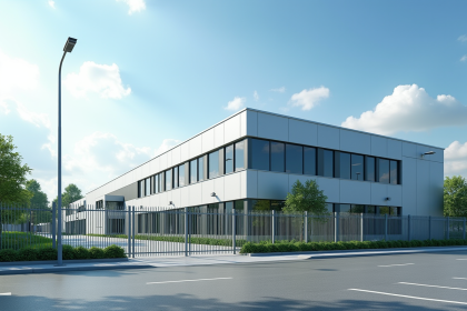 Bâtiment commercial moderne avec clôture et caméras de sécurité