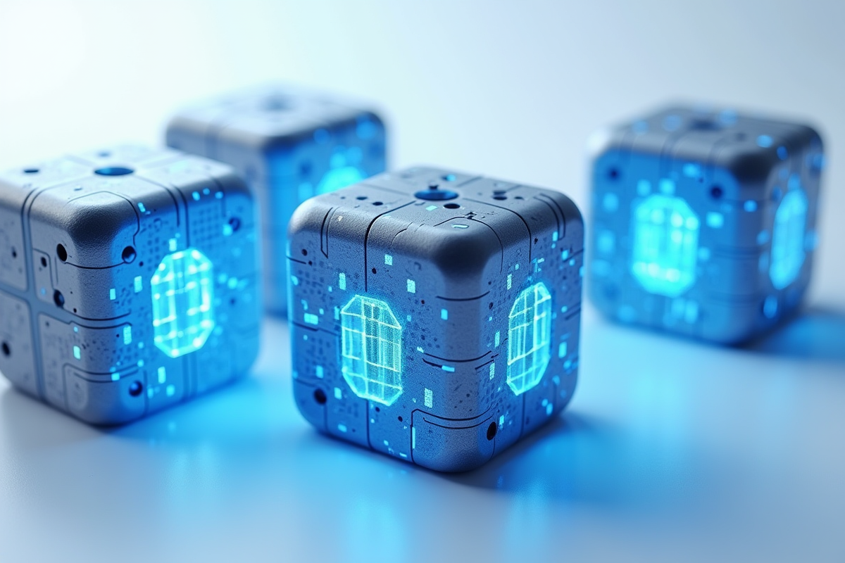 Cubes métalliques lumineux avec données cryptées symbolisant blockchain