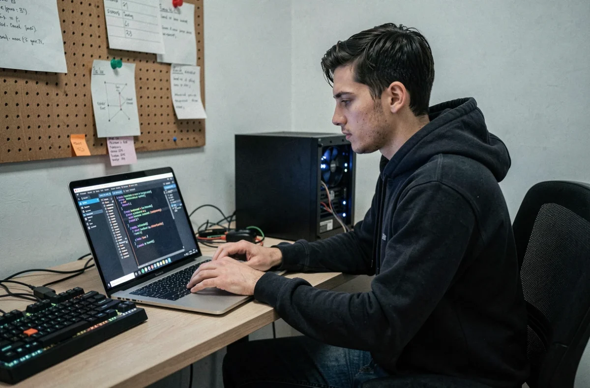 Technicien cybersécurité BrinzTech travaillant sur des outils de test d'intrusion dans un bureau technique compact