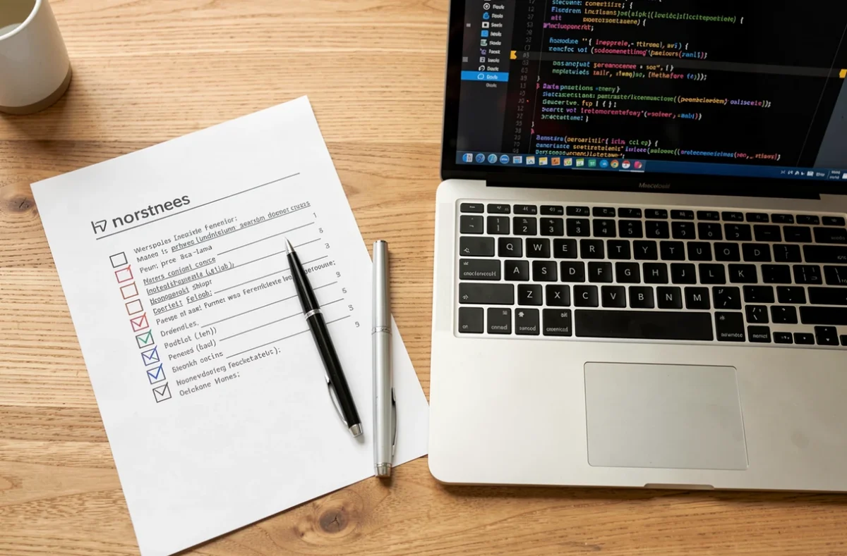 Bureau avec une liste de critères et un ordinateur affichant un dépôt de code