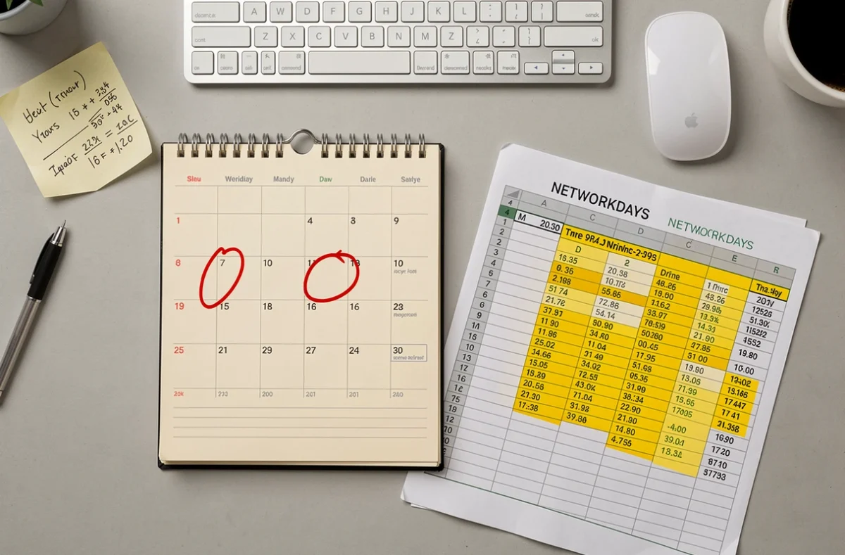 Vue de dessus d'un bureau avec calendrier, clavier et tableau Excel imprimé montrant le calcul de jours ouvrés