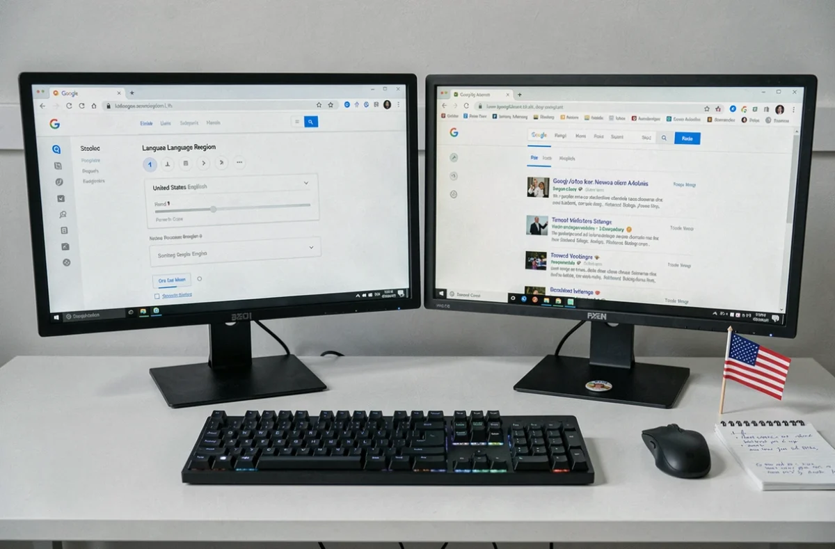 Bureau informatique professionnel avec deux écrans affichant les paramètres de compte Google configurés pour les États-Unis