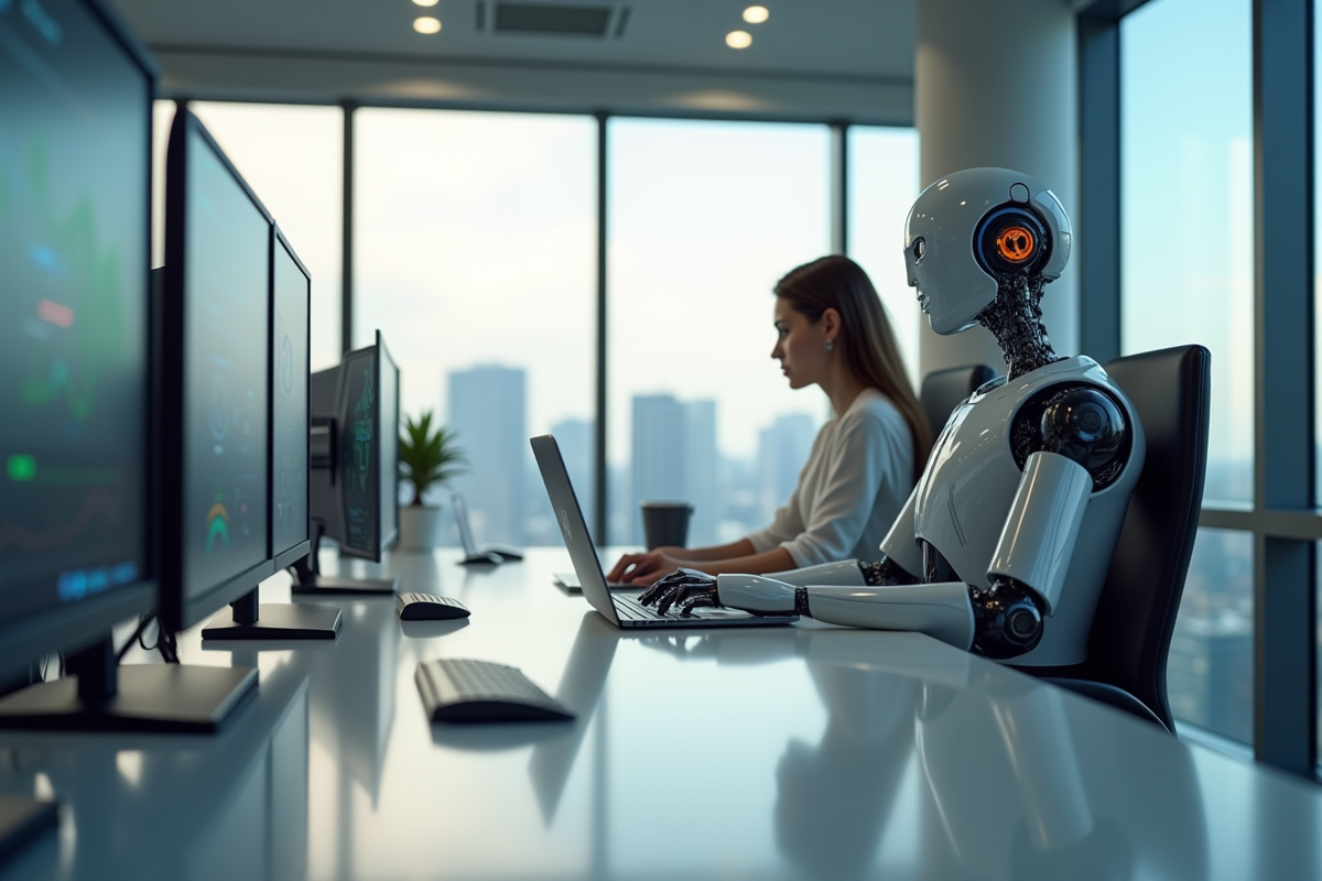 Femme travaillant sur un ordinateur et robot analysant des données dans un bureau lumineux