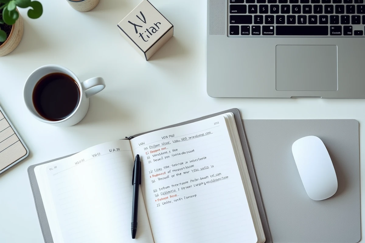 Vue aérienne d'un bureau avec ordinateur portable et notes manuscrites pour accéder à un site web bloqué via VPN