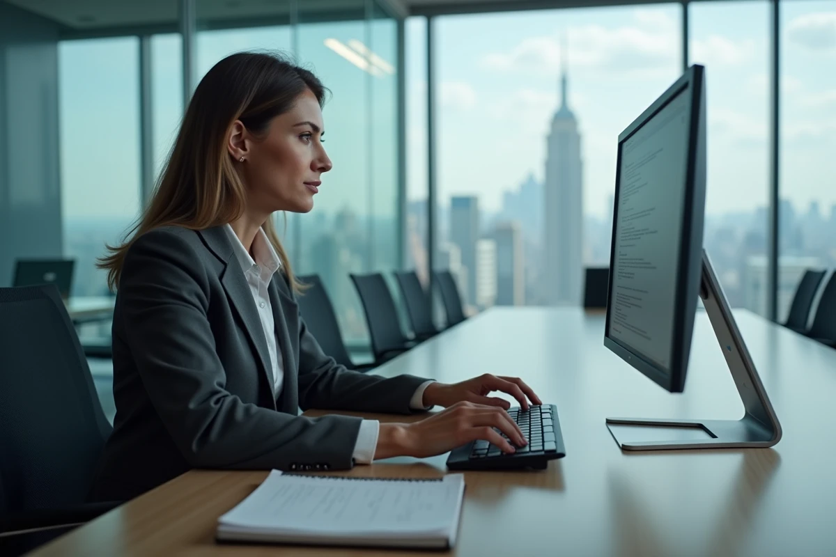 Femme cadre composant un email professionnel avec gestion des destinataires Cc et Cci dans une salle de réunion vitrée