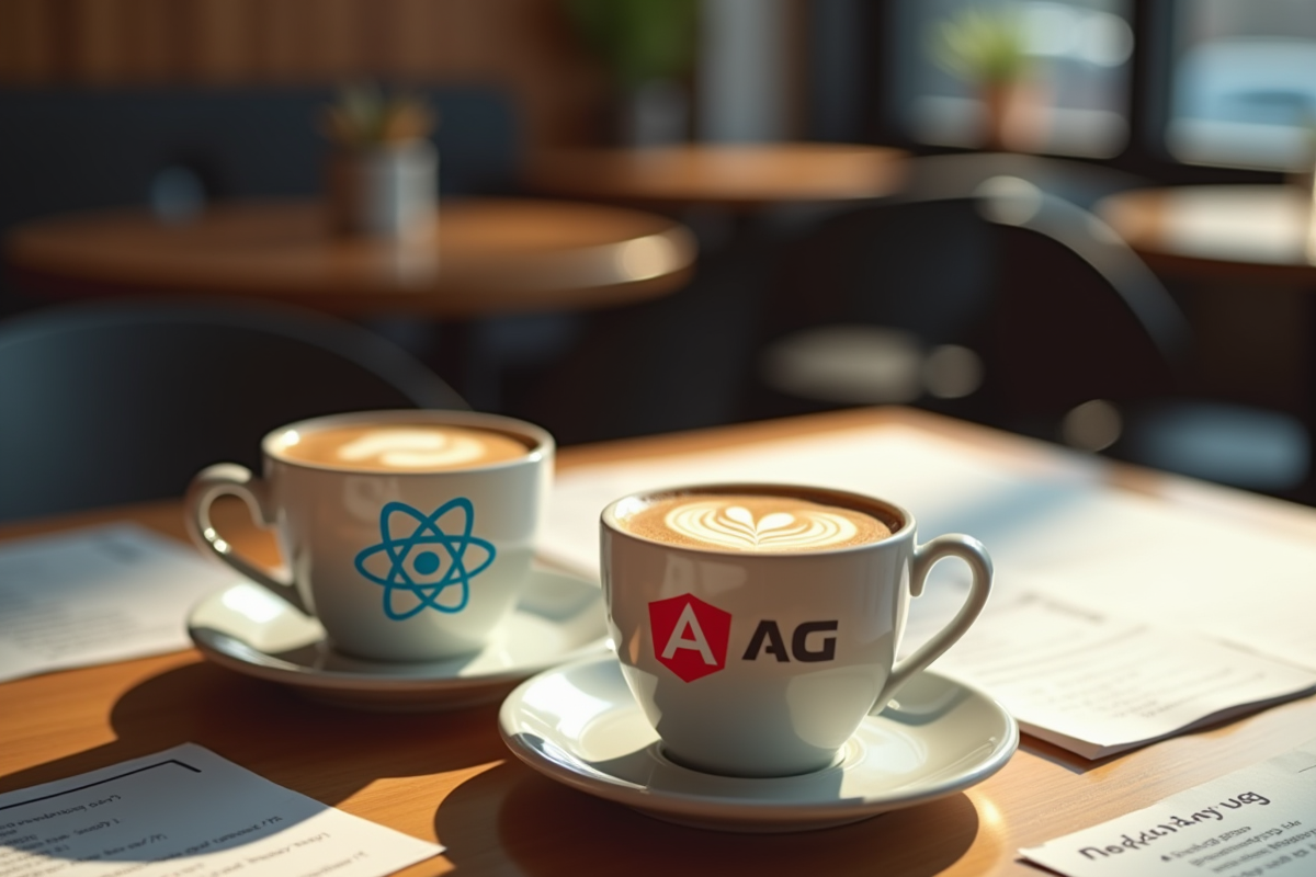 Tasses de café avec logos React et Angular sur une table en bois dans un café cosy