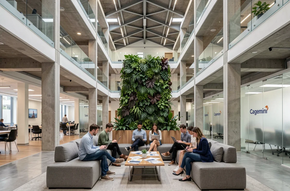 Campus Capgemini avec des professionnels travaillant dans un espace collaboratif moderne sous un atrium vitré et un mur végétal