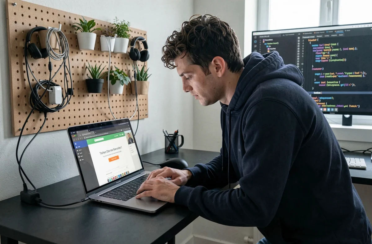 Développeur web travaillant sur le centrage d'un bouton call-to-action en CSS depuis son bureau à domicile