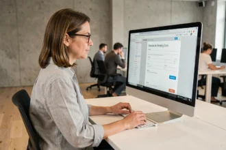 Développeuse web analysant la mise en page centrée d'un formulaire CSS sur un écran d'ordinateur dans un bureau moderne