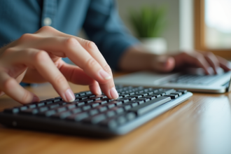 Clavier d'ordinateur moderne sur un bureau en bois avec lumière naturelle