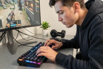 Gamer concentré utilisant un clavier mécanique QWERTY rétroéclairé RGB sur un bureau gaming moderne