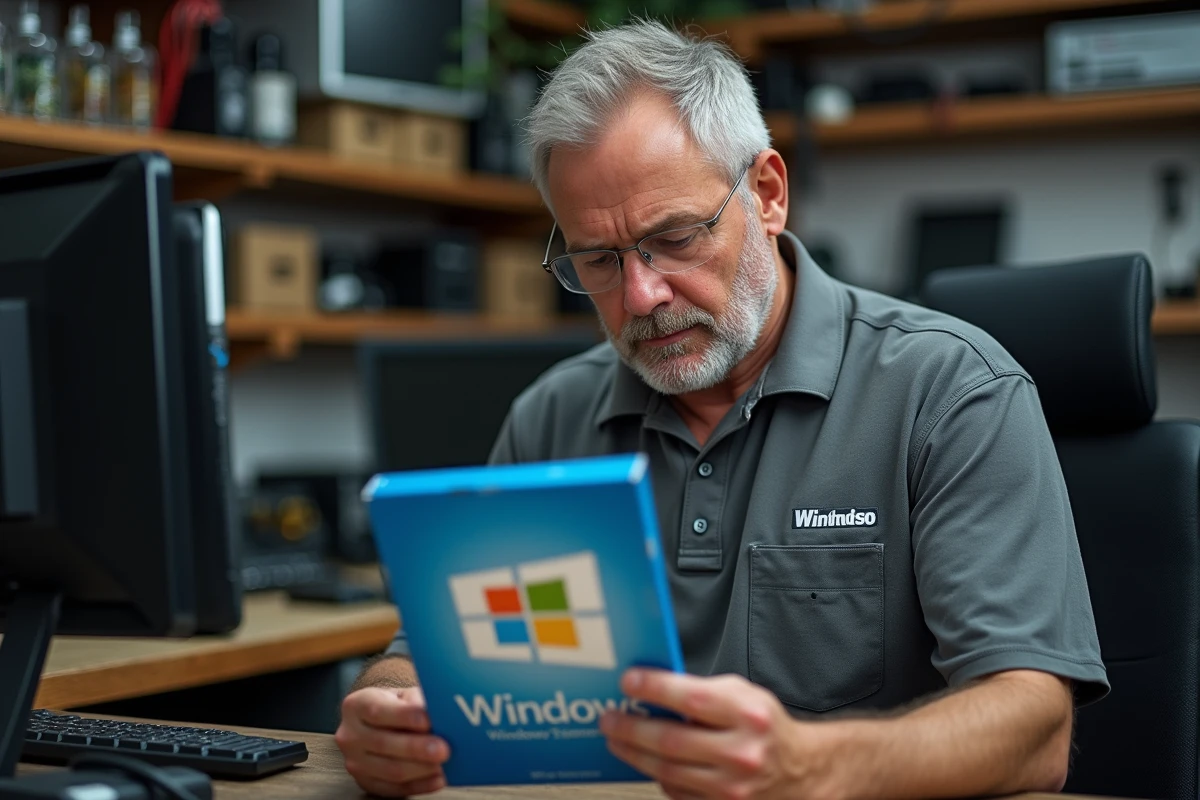 Technicien informatique tenant un boîtier DVD Windows avec clé de licence produit dans un atelier de réparation