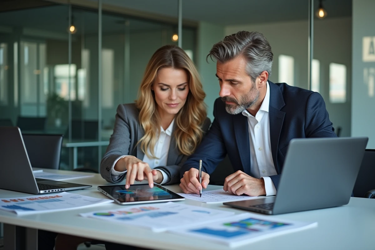 Deux experts-comptables collaborant sur des tableaux de bord financiers via un logiciel de gestion en salle de réunion