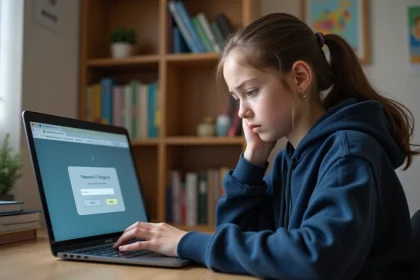 Collégienne assise à son bureau tentant de récupérer son mot de passe sur un ENT scolaire via son ordinateur portable