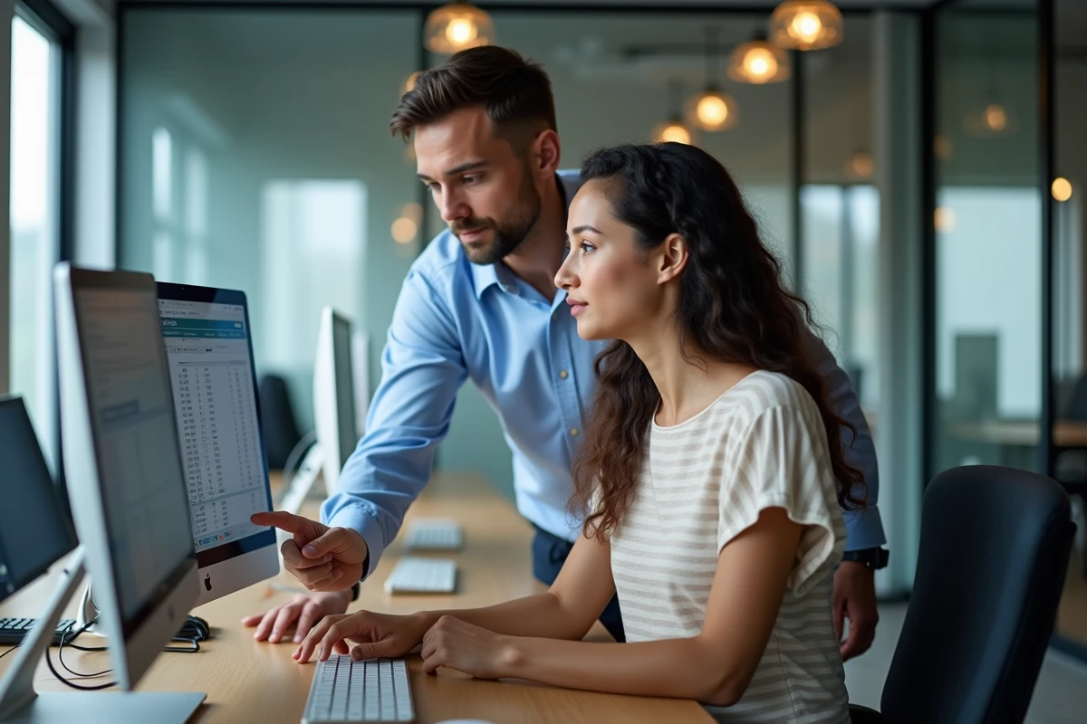 Deux collègues analysant une transformation de données Excel lignes en colonnes sur double écran en espace de coworking