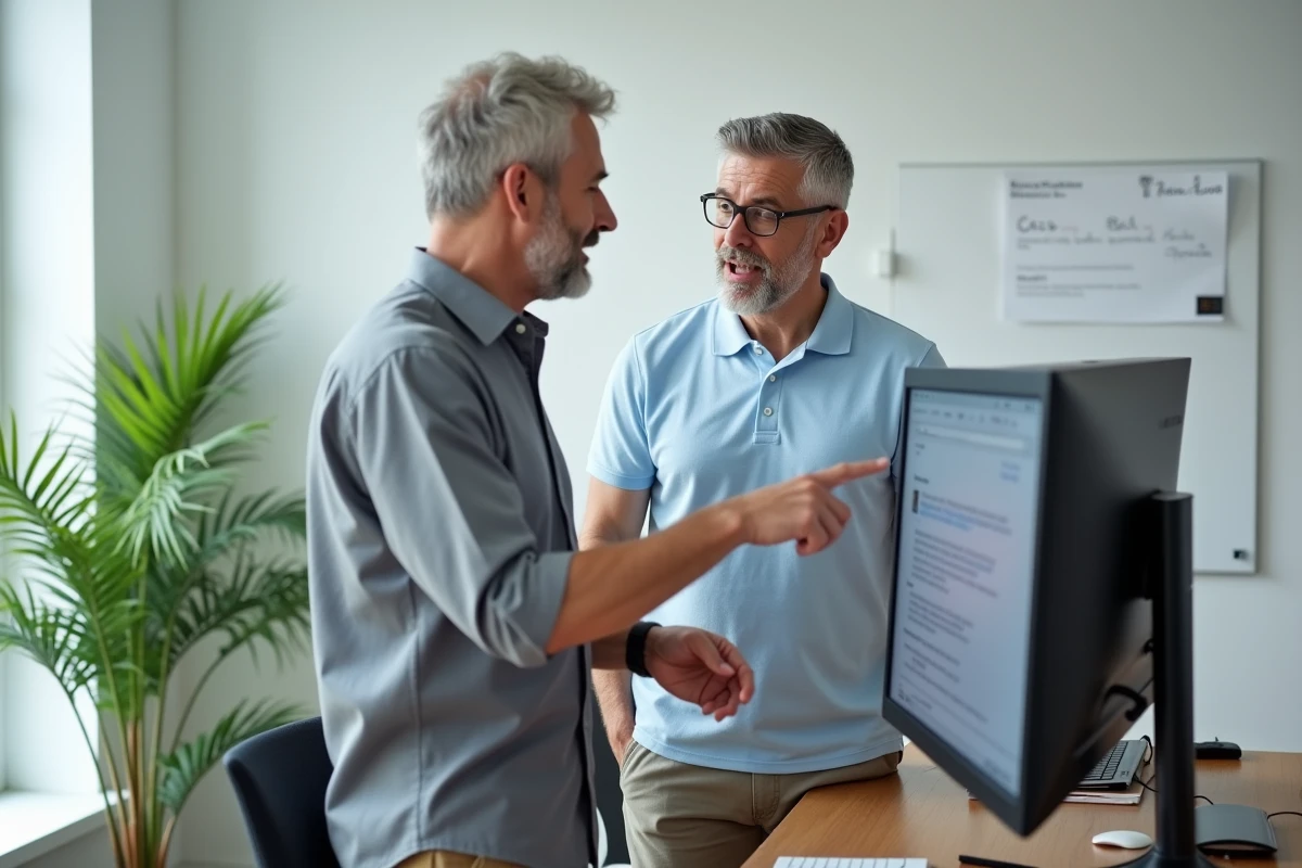 Deux collègues masculins discutant de l'utilisation des champs Cc et Cci dans un email professionnel devant un écran
