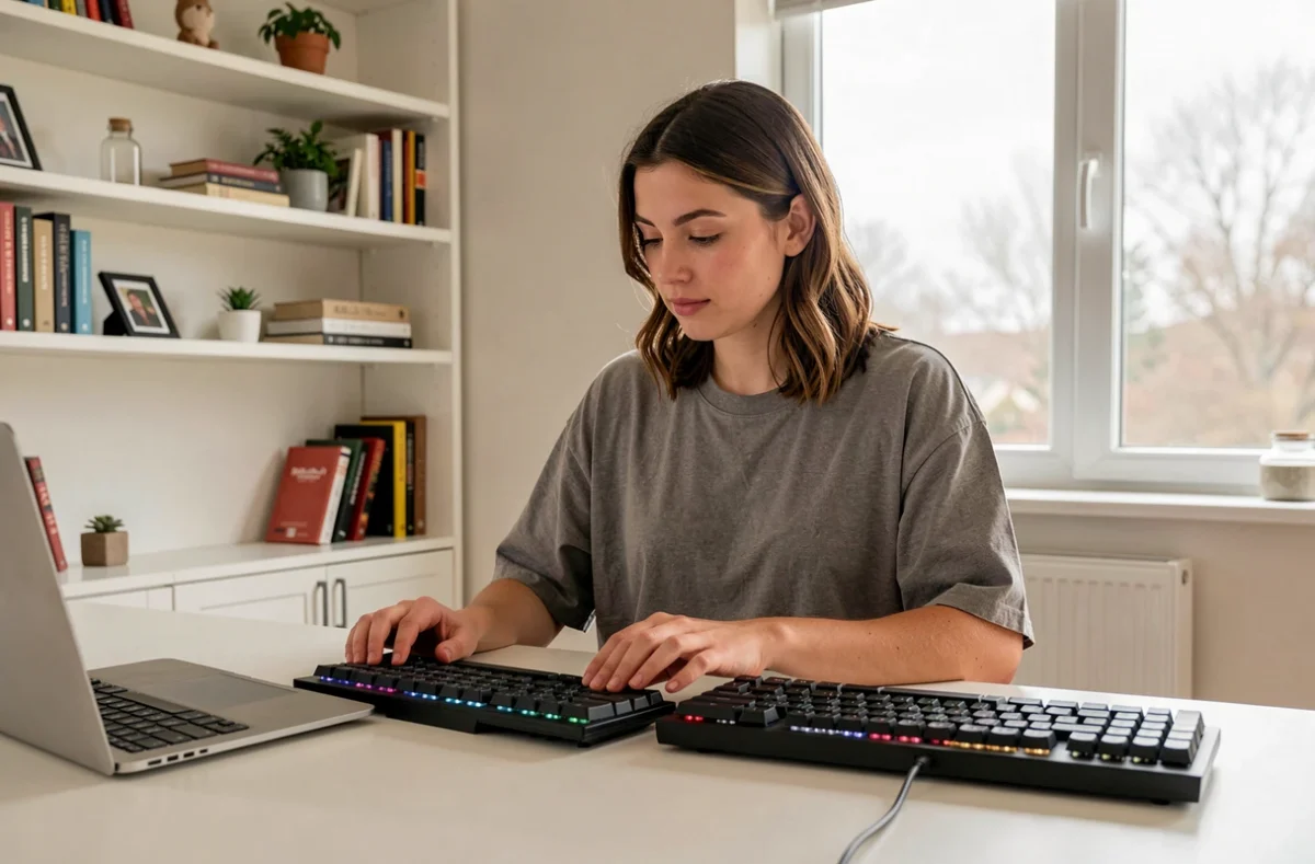 Jeune femme comparant deux claviers QWERTY gaming côte à côte dans un bureau à domicile