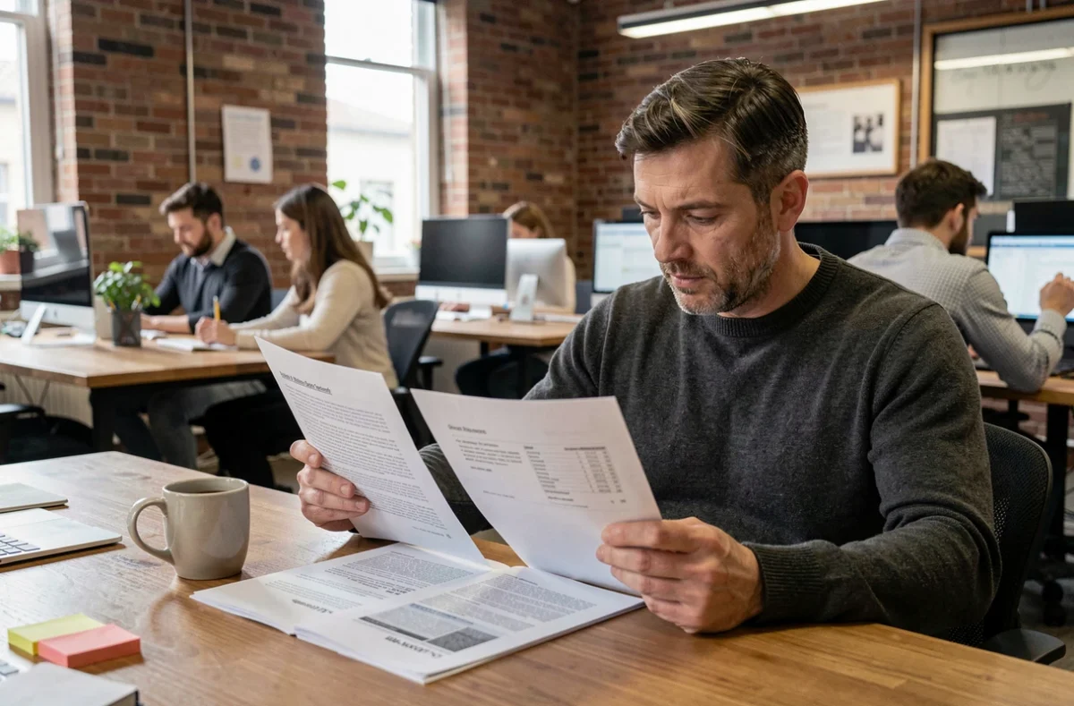 Professionnel comparant des textes reformulés dans un espace de coworking moderne