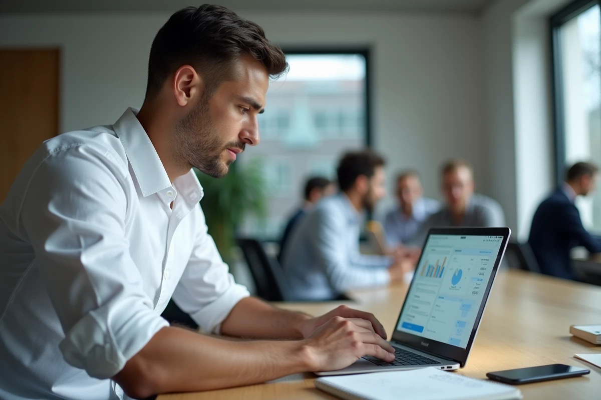 Comptable travaillant sur un logiciel comptable en ligne dans un espace de coworking moderne, gagnant en productivité