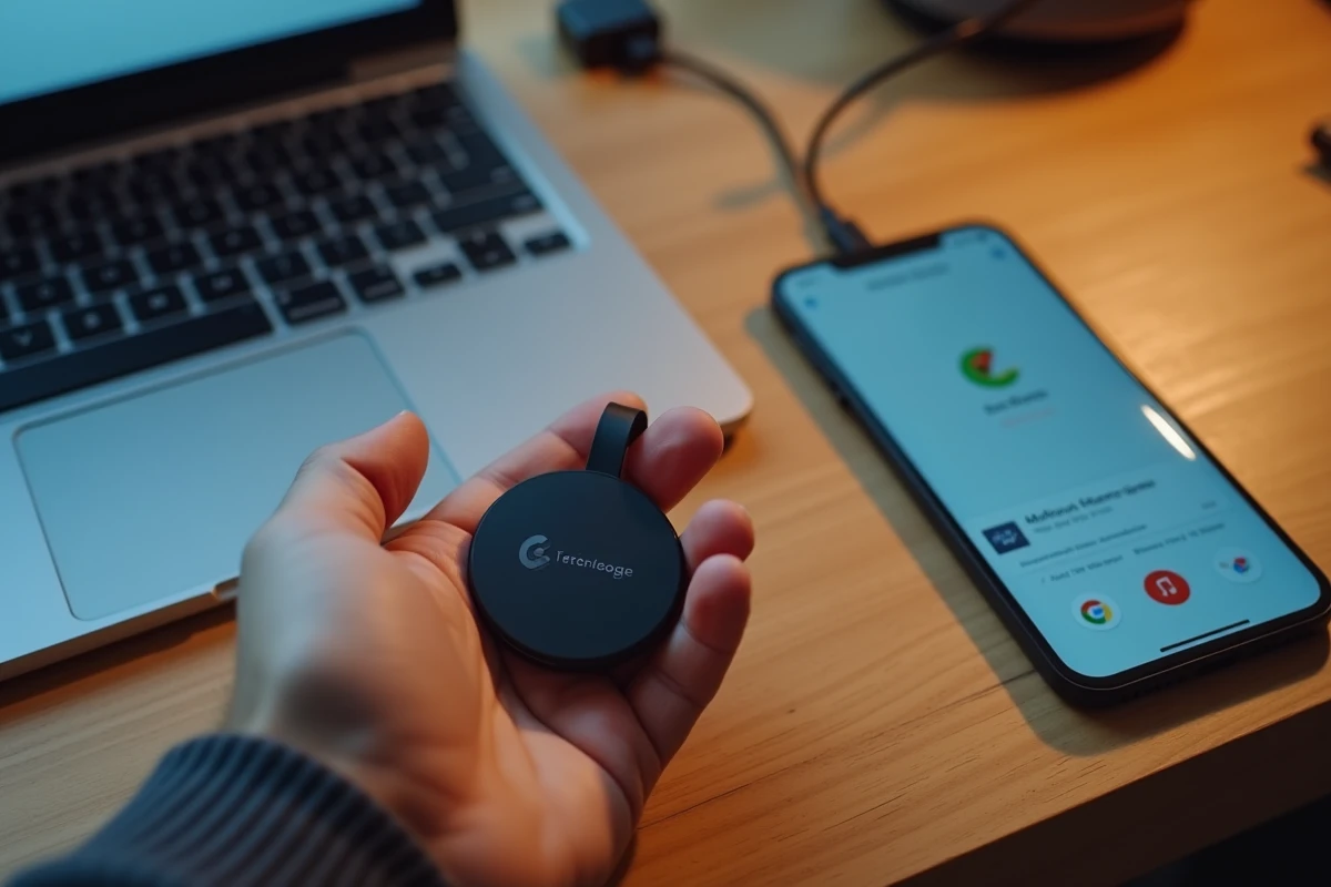 Gros plan sur un Chromecast, un smartphone avec l'application Google Home et un clavier d'ordinateur portable sur un bureau en bois