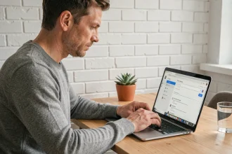 Homme configurant les paramètres de son compte Google US sur un ordinateur portable dans un bureau à domicile moderne