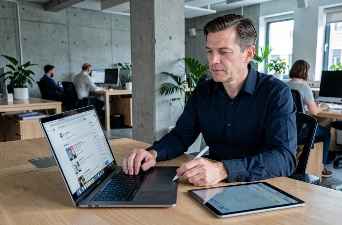 Homme configurant les paramètres de sauvegarde Google Photos sur ordinateur portable au bureau