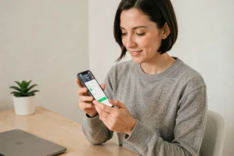 Femme configurant un nouveau Google Pixel 6 à son bureau à domicile avec un sourire concentré