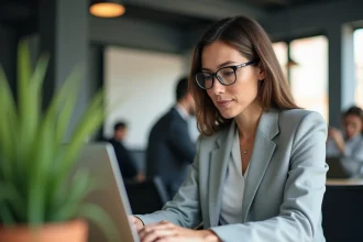 Femme professionnelle configurant la redirection de mails webmail sur un ordinateur portable au bureau