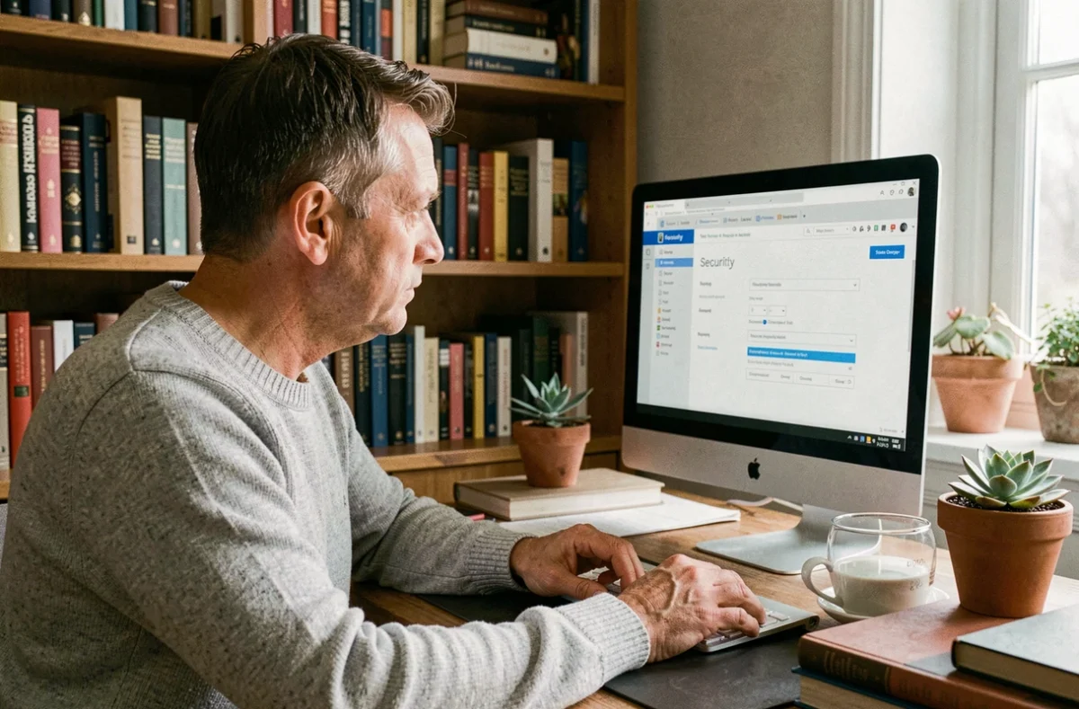 Homme configurant les paramètres de sécurité de son compte webmail sur un ordinateur de bureau à domicile