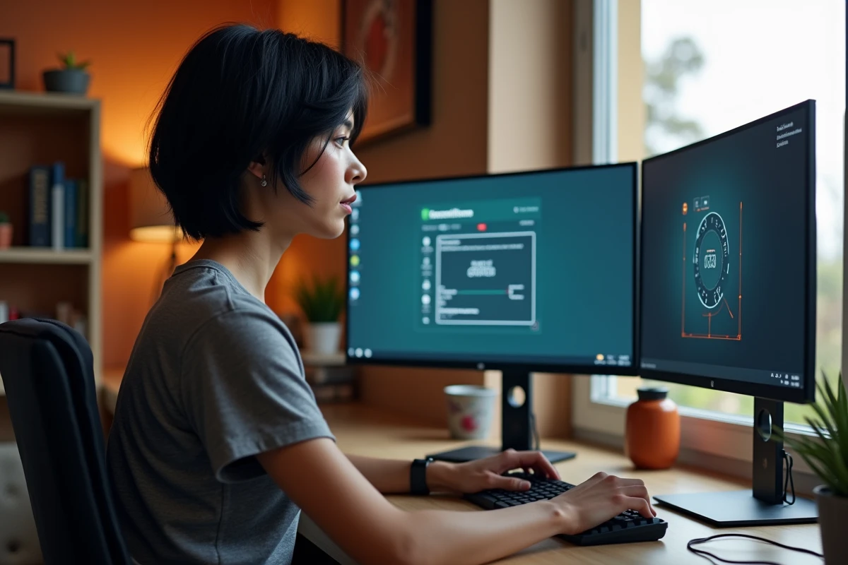 Femme configurant un setup double écran sous Windows 11 pour Eve Online en résolution étendue 21/9